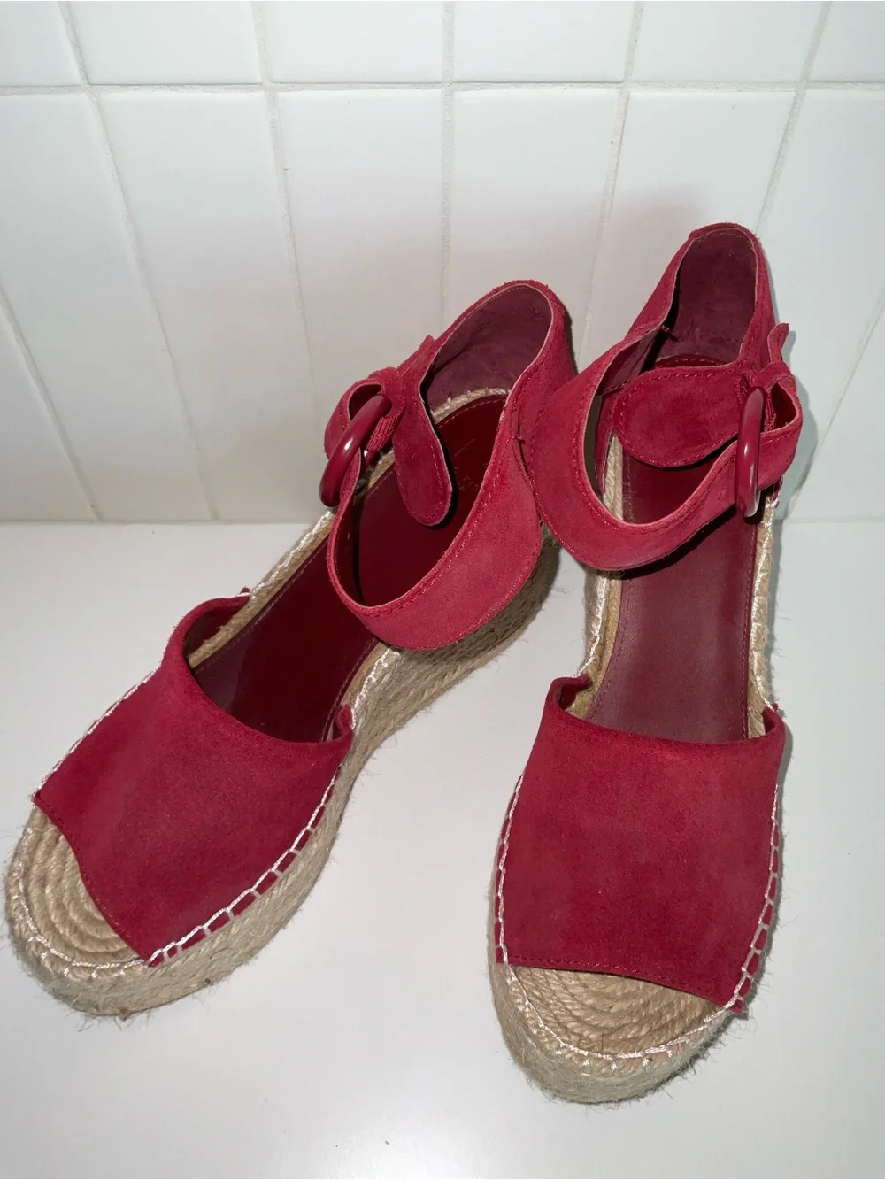 Marc Fisher Red Suede Espadrille Wedge Sandals with Ankle Buckle